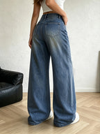 Women's Loose-Fit Wide-Leg Jeans, Vintage Ombre Washed Denim, Oversized Street-Style Jeans with Subtle Ripped Details - Medium Blue