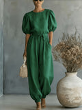 2026 Spring/Summer Women's Bohemian Style Bubble Short Sleeve Tie-Up Cuff Wide-Leg Commuter Jumpsuit for Beach, Workplace, and Weekend Multi-Scene Outfits - Dark Green