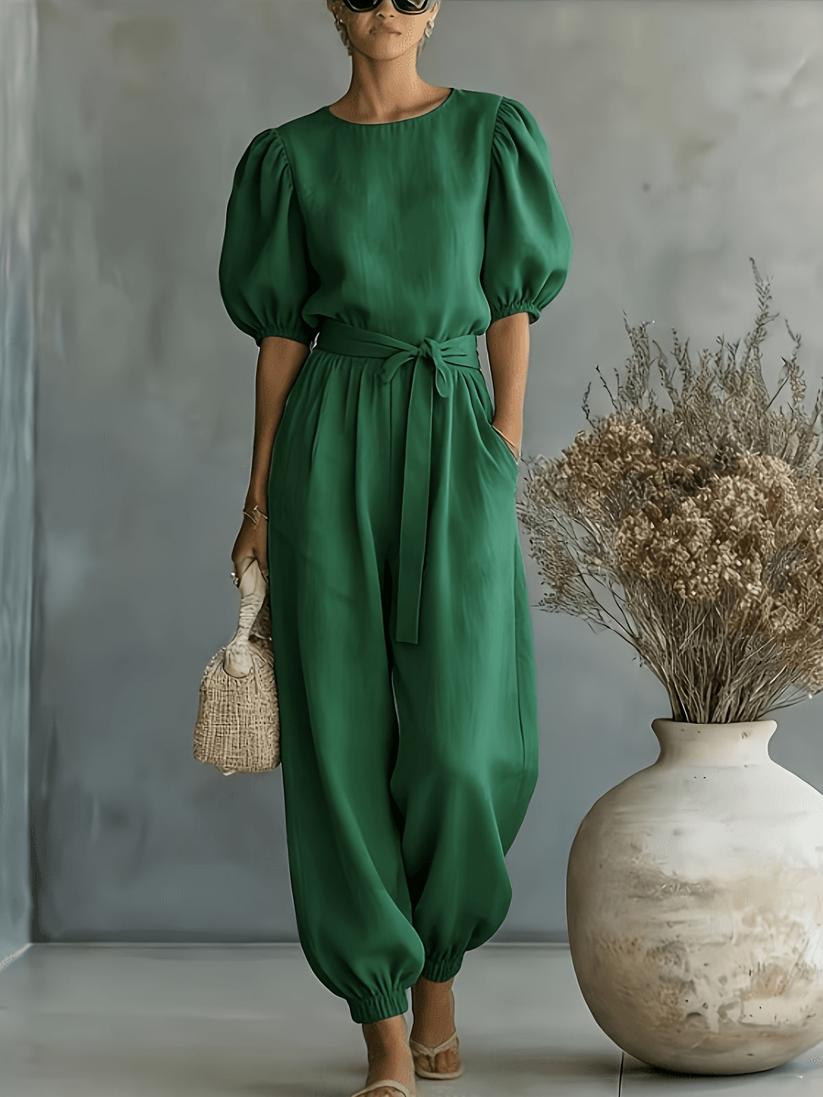 2026 Spring/Summer Women's Bohemian Style Bubble Short Sleeve Tie-Up Cuff Wide-Leg Commuter Jumpsuit for Beach, Workplace, and Weekend Multi-Scene Outfits - Dark Green