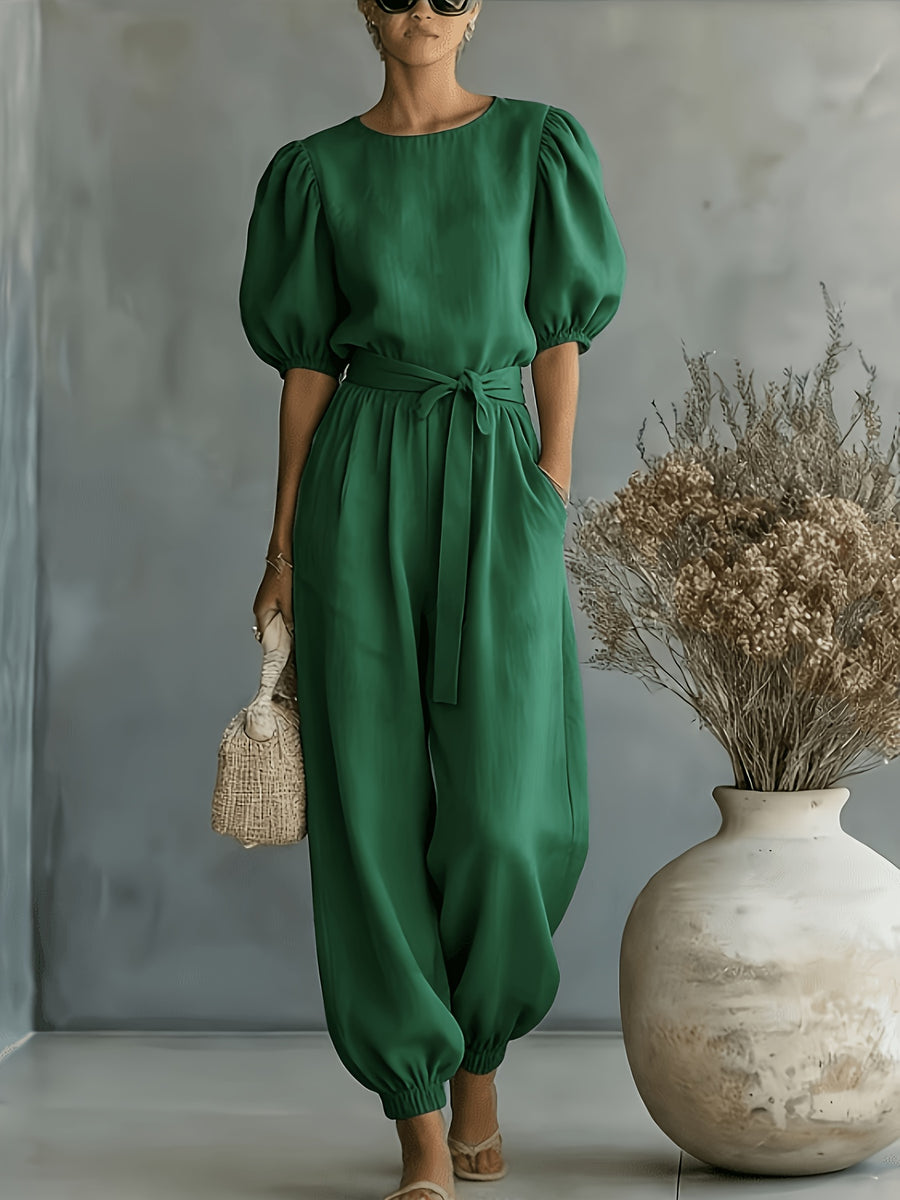 2026 Spring/Summer Women's Bohemian Style Bubble Short Sleeve Tie-Up Cuff Wide-Leg Commuter Jumpsuit for Beach, Workplace, and Weekend Multi-Scene Outfits - Dark Green