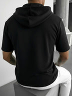 Men's Matte Solid Color Full-Zip Short Sleeve Hoodie, Swagger Style for Cool Guys, Floor-to-Ceiling Window Indoor Outfit with Ripped Shorts, Casual Jacket 2HLT79 - Black
