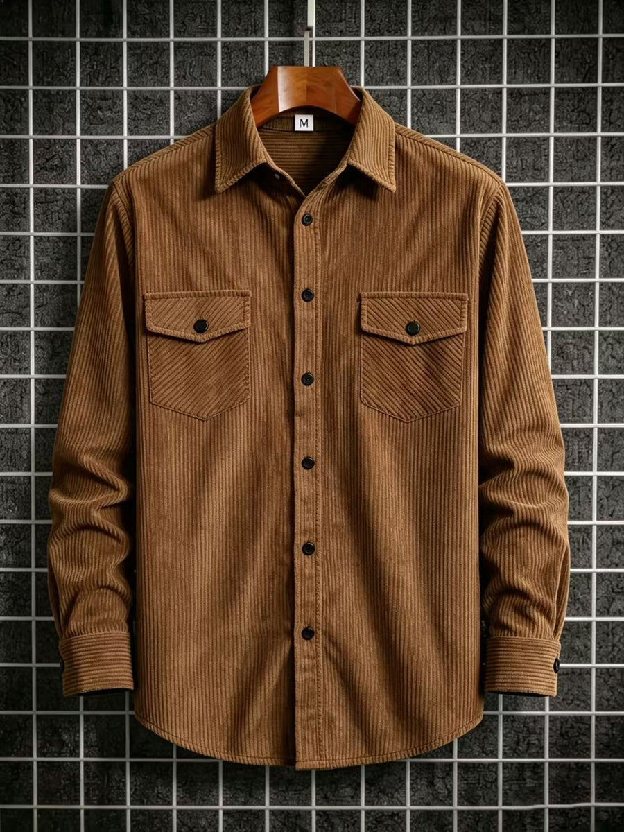 Men'S Fashion Versatile Casual Long-Sleeve Shirt, Multiple Colors Available, Pocket Design Corduroy Top Shirt Jacket - Coffee Color