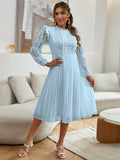 Women's Stand Collar Long Sleeve Lace Dress, Wavy Lace Trim Openwork Lace Top, High Waist Pleated Chiffon Midi Skirt, Commuting and Banquet Slim Fit A-Line Skirt, Elegant Pleated Cocktail Party Dress, Elegant Bridesmaid Dress - Light Blue