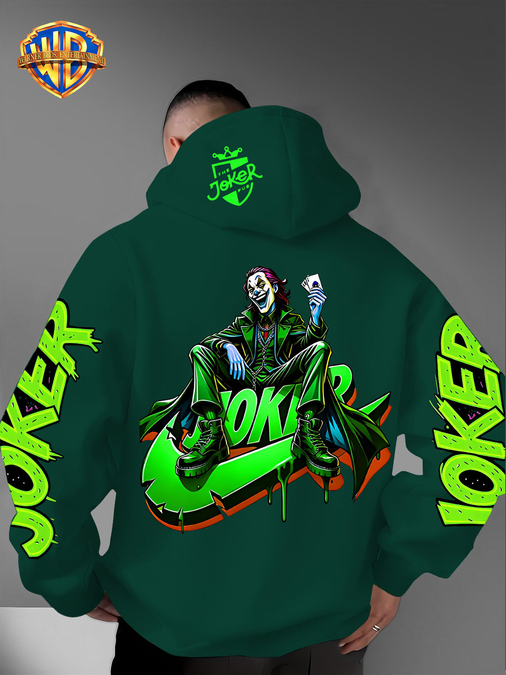 Warner Bros. American Trendy and Cool Hook, Hisley Jay Joker, JOKER Splashed Ink Graffiti Print Hooded Sweatshirt, with Adjustable Drawstring, Comfortable and Warm, Fashionable and Versatile Men's Casual Sweatshirt - Green