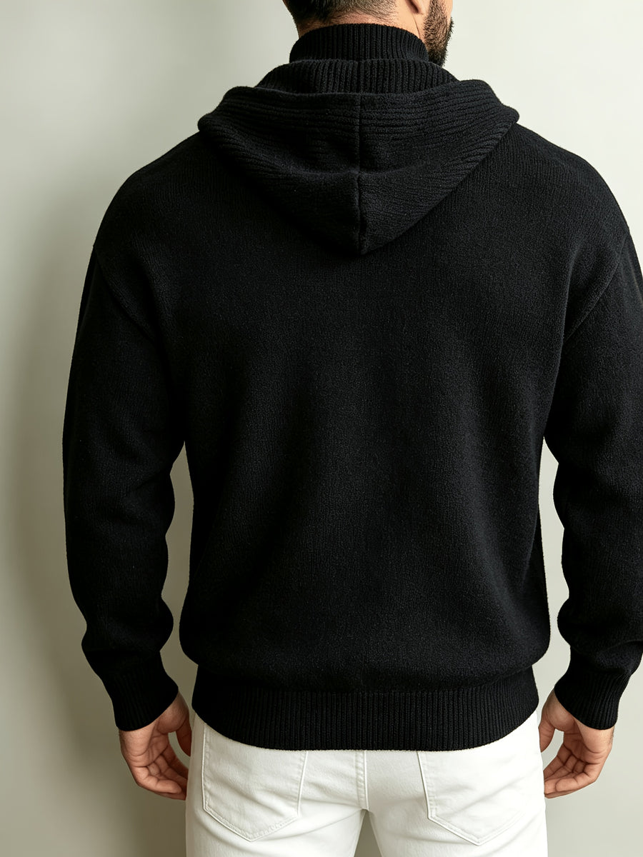 Autumn/Winter Men's 2-in-1 Look Hooded Knit Sweater, Half-Zip High Neck Design with Overlay Button Placket, Fine, Soft, and Skin-Friendly Fabric, Regular Fit for Slimming and Concealing. A Versatile Top for Casual and Daily Commutes, a Warm - Black