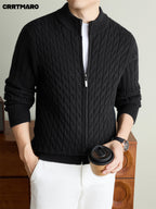 Men'S Heavyweight Thick Zip Neck Mock Neck Knit Cardigan, Warm Casual Layering Top for Fall And Winter - Black