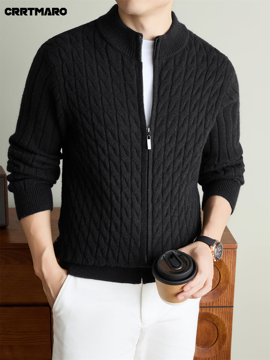 Men'S Heavyweight Thick Zip Neck Mock Neck Knit Cardigan, Warm Casual Layering Top for Fall And Winter - Black