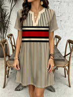 [Printed Design - Not Textured] New Western Women'S Fashion Casual Dress, Spring Summer Retro Color-Block Geometric Striped Digital Print Dress, Daily Comfortable Dress, Trendy All-Match Skirt - Khaki