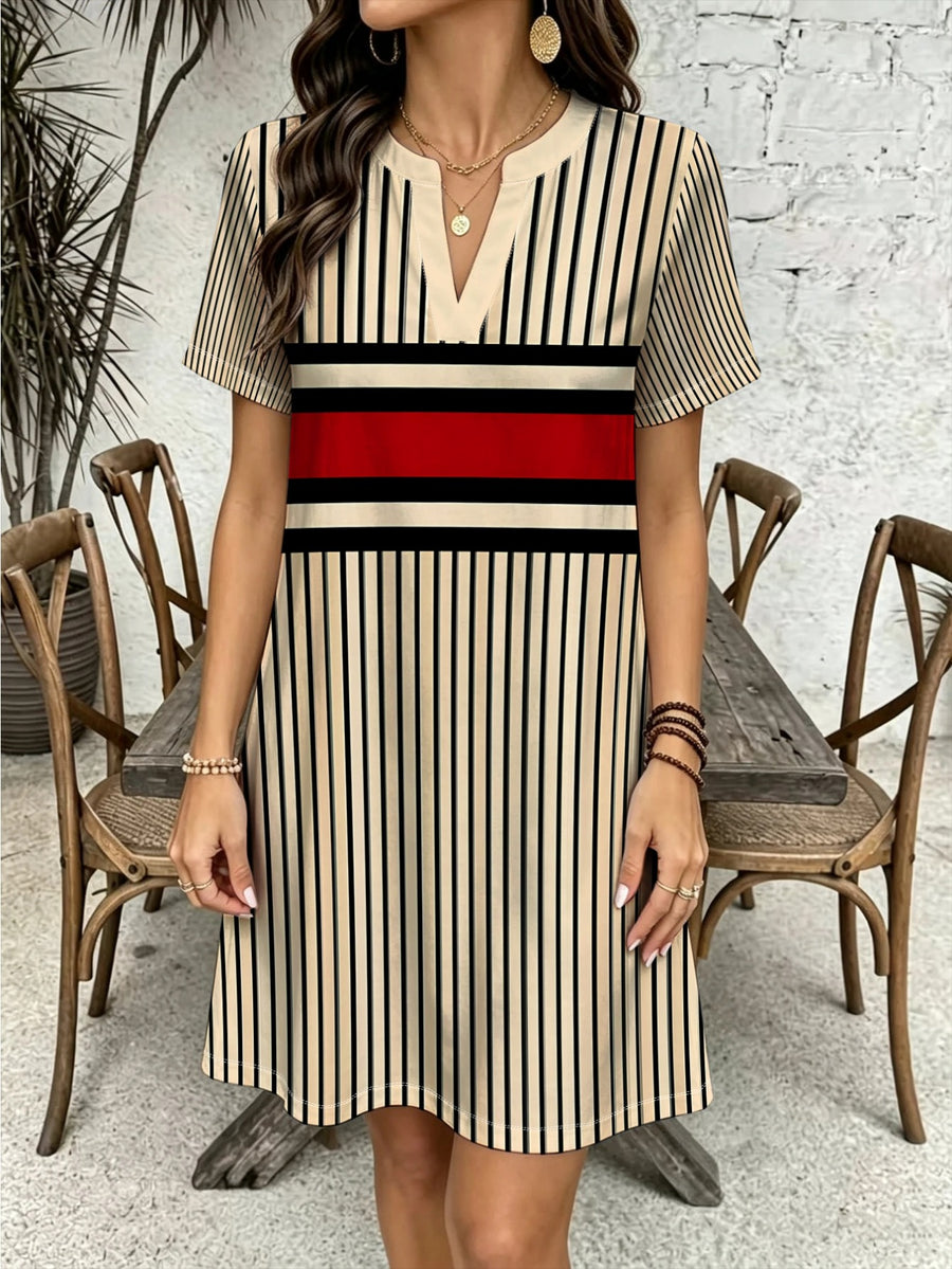 [Printed Design - Not Textured] New Western Women'S Fashion Casual Dress, Spring Summer Retro Color-Block Geometric Striped Digital Print Dress, Daily Comfortable Dress, Trendy All-Match Skirt - Khaki