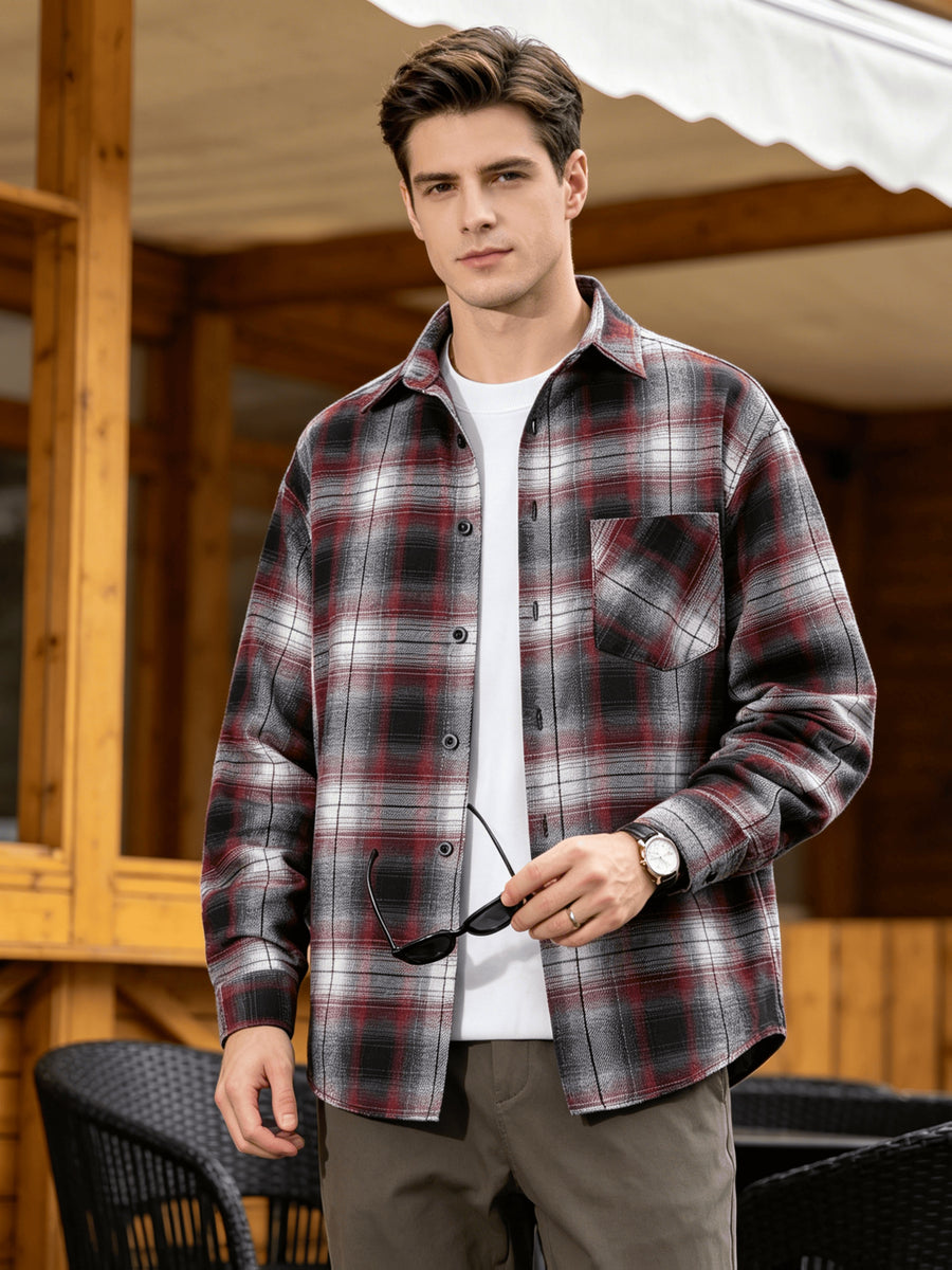 Men'S Plaid Long Sleeve Shirt, Lapel Button Design Loose Fit Fashion Casual Outdoor Street Versatile All-Season Base Layer - Black And Red Grid