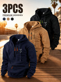 Men'S Hoodie Multi-Zipper Pocket Design Graphic Print Casual Streetwear Fall Winter 3pcs Set - Navy Blue + Khaki + Black