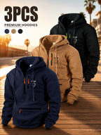 Men'S Hoodie Multi-Zipper Pocket Design Graphic Print Casual Streetwear Fall Winter 3pcs Set - Navy Blue + Khaki + Black