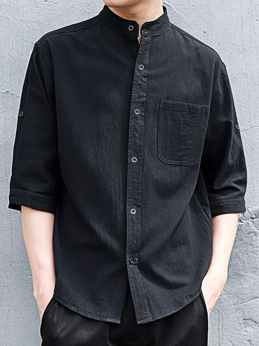 New Loose-Fitting Chinese-Style Stand-Up Collar Men'S Shirt, Comfortable And Breathable Linen Blend Men'S Mid-Length Sleeve Shirt, Easy And Versatile Men'S Casual Shirt - Black