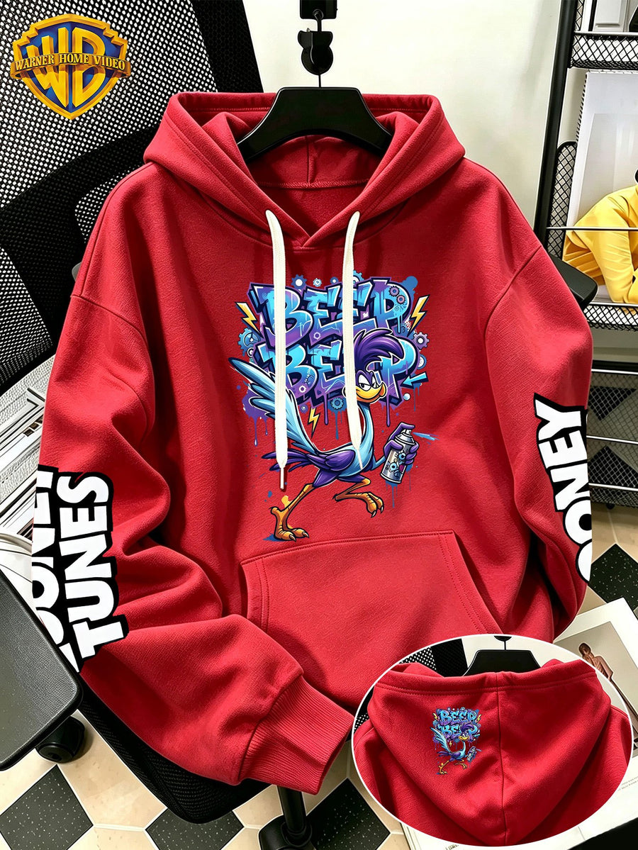 WB Warner Bros Official Men's & Women's Cyber Graffiti Runaway Bird Hoodie - Iconic WB Print Sweatshirt, Adjustable Hood, Loose Fit Warm Pullover for Fall/Winter, Machine Washable Suitable for Daily Wear & Outdoor Sports - Red