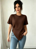 Women's Summer Round Neck Irregular Diagonal Hem Short Sleeve T-Shirt with Side Pleats, Waist-Defining Slim Fit, Unique Niche Design, Versatile Solid Color Pullover Top - Coffee Color