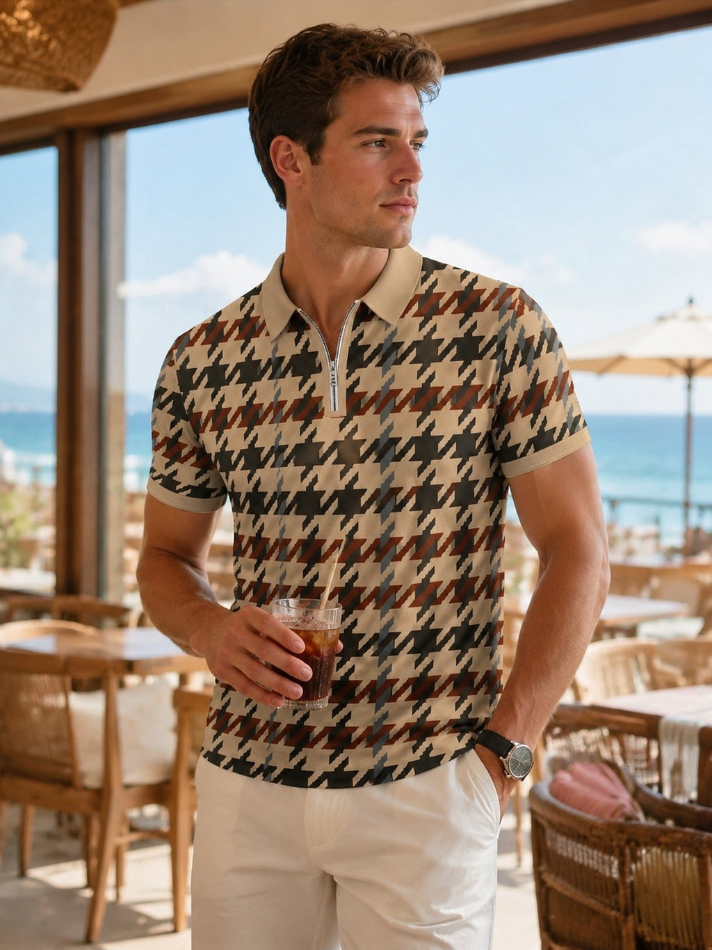 Men'S Half-Zip Short Sleeve Polo Shirt, Vintage Houndstooth All-Over Digital Print, Beige with Contrast Ribbed Collar And Cuffs, Polyester Fabric, British Retro Casual Style, Daily Commute Seaside Vacation Outfit, Summer - Mixed colors