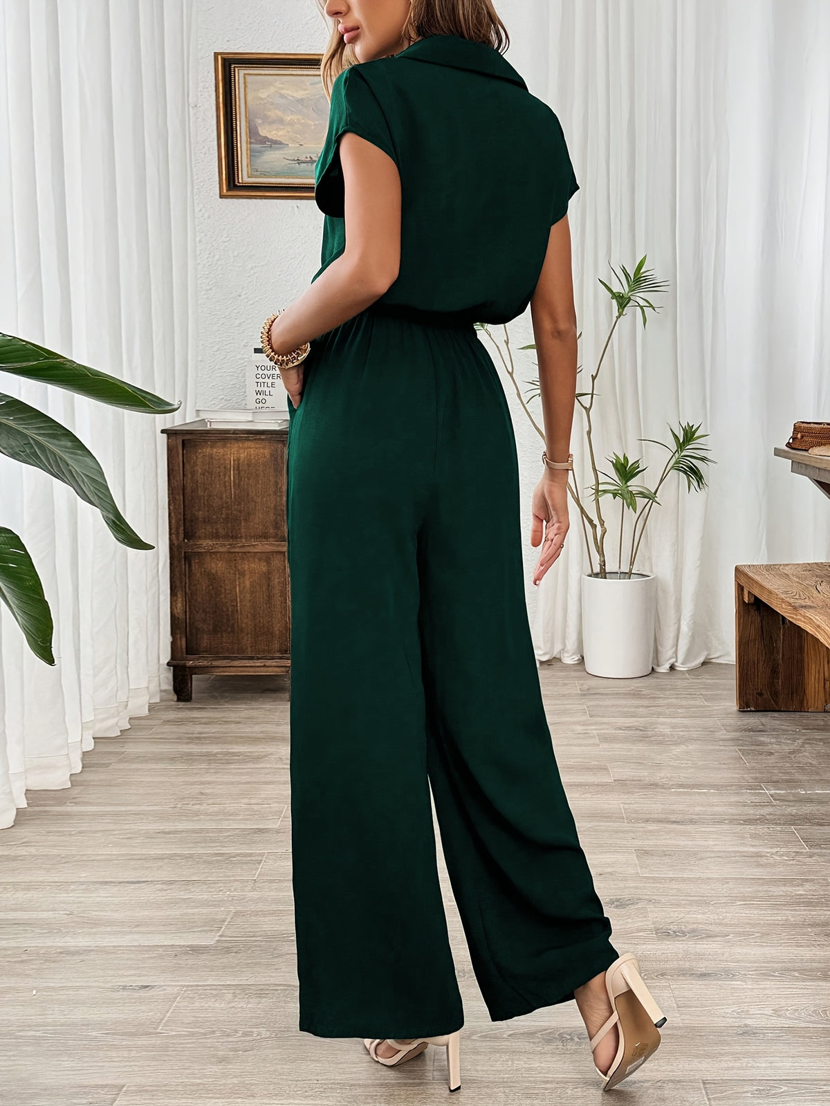 Women'S Spring Summer Fall Solid Basic Wide-Leg Jumpsuit - Dark Green