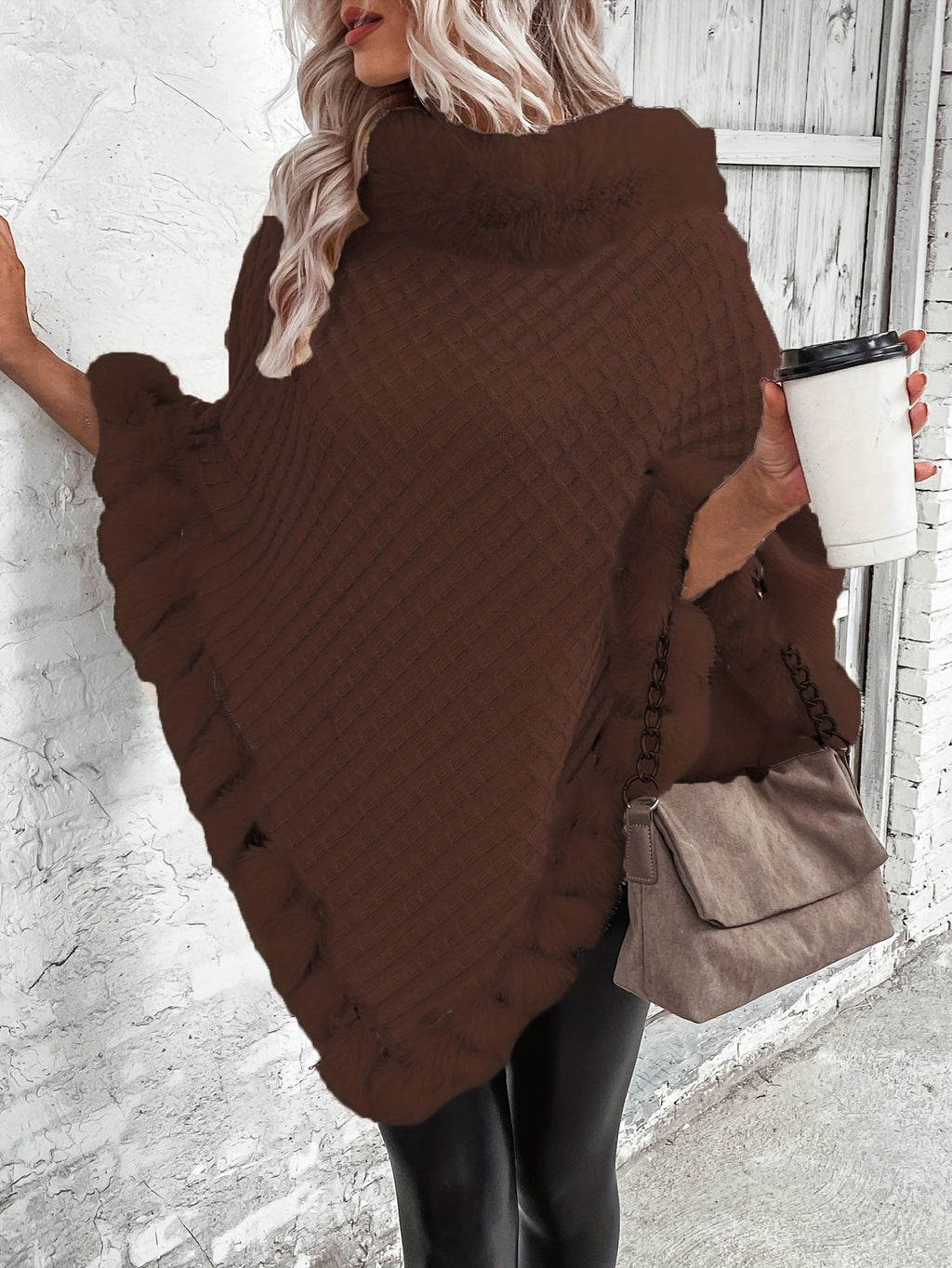 Women'S Elegant Faux Fur Collar Cape Coat - Soft Winter Coat with Plush Fur Trim, All-Season Chic Outerwear for Everyday & Formal Events - Coffee Color