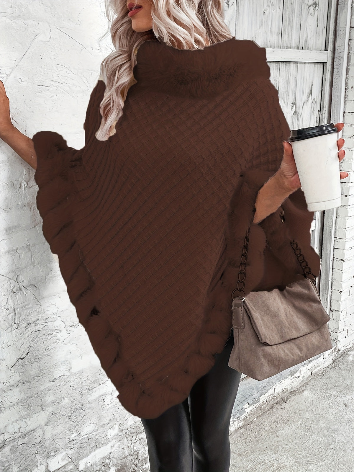 Women'S Elegant Faux Fur Collar Cape Coat - Soft Winter Coat with Plush Fur Trim, All-Season Chic Outerwear for Everyday & Formal Events - Coffee Color