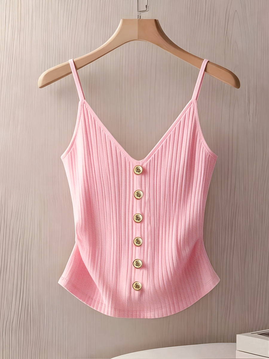 Elegant and Stylish New Summer Adult Solid Color Thin Strap V-Neck Button Decoration Waist-Cinching Slim-Fit Versatile Casual Women's Camisole ZLLZ - Pink