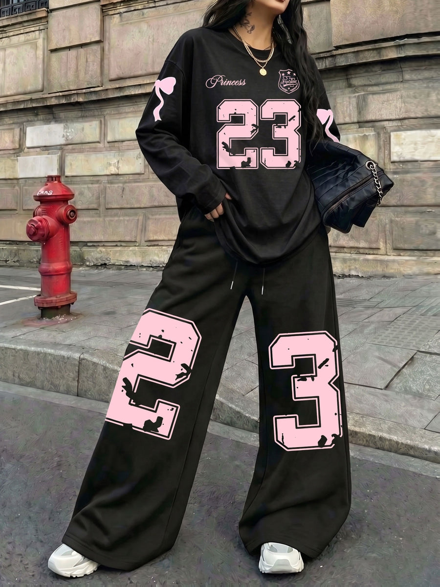 Vintage Trend Soft Pink Distressed 23 Number Bow Princess Print 2pcs Set for Women, Casual Streetwear Long Sleeve and Long Pants Outfit, Suitable for Street Style Hot, American Jersey Sporty Street Fashion - Black+black