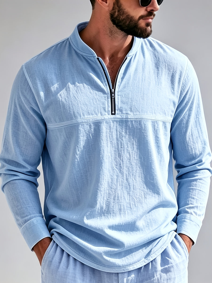 Men's Linen Long Sleeve Henley Shirt Stand Collar Loose Polo Shirt Men's Linen Zipper Casual Shirt - Light Blue