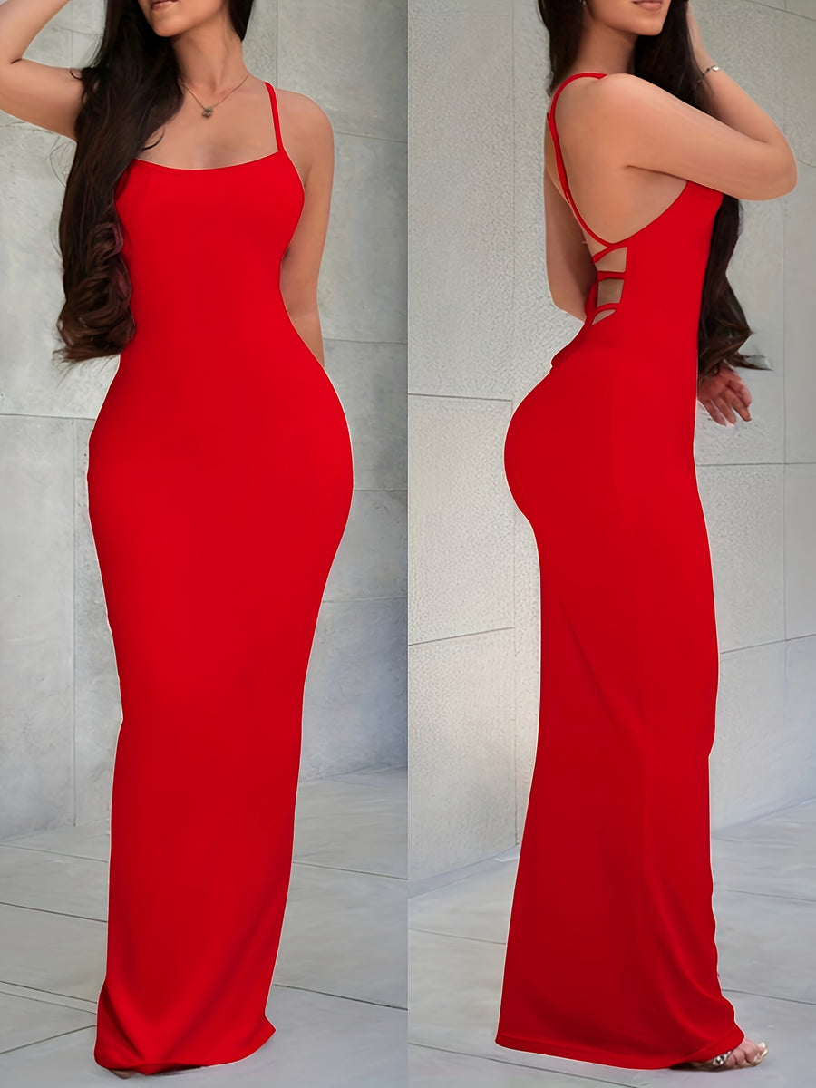 Women'S Solid Color Thin Strap Backless Sleeveless Coffee-Colored Dress - Red