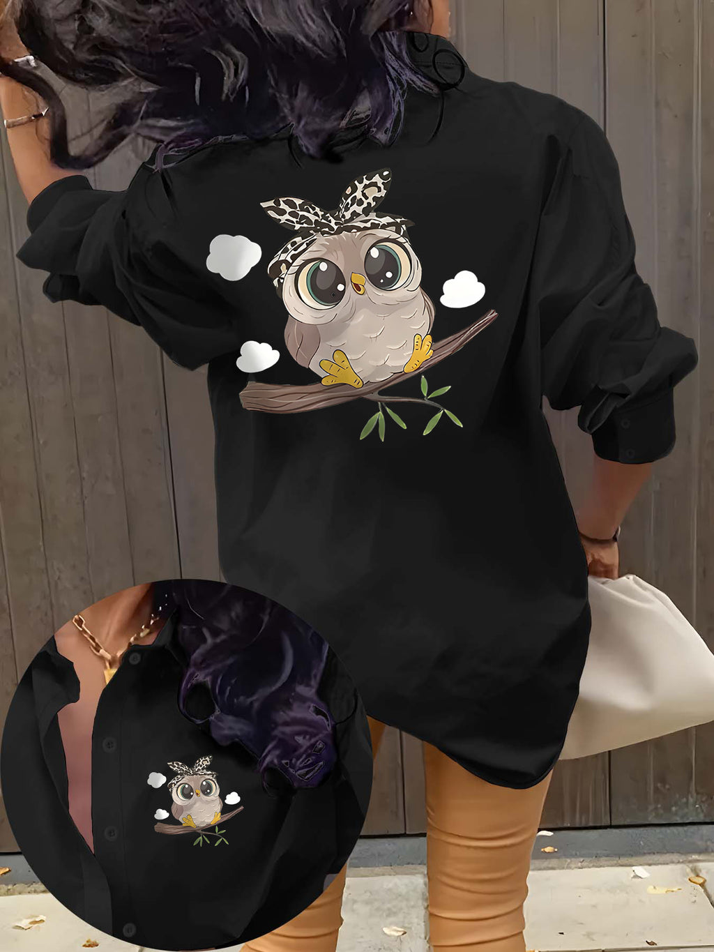 A Cute And Creative Animal Print Casual Long-Sleeve Shirt with a Collar, Designed for Women, Perfect for Elegant Parties. This Stylish Shirt Is Suitable for All Seasons—Spring, Summer, Autumn, And Winter. It'S a Beautiful Long-Sleeve Top - Black