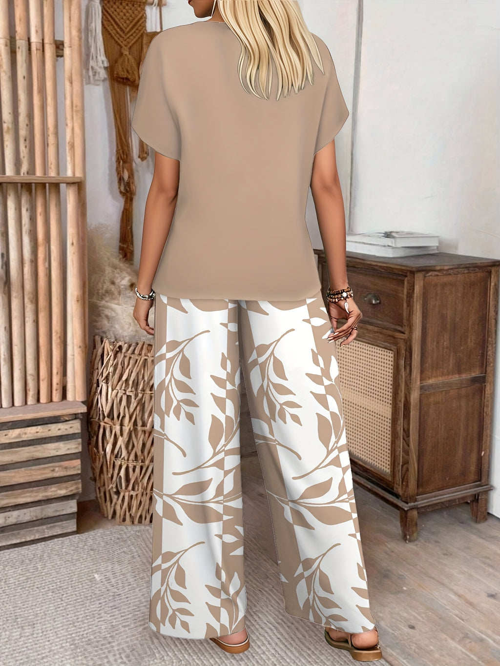 Women's Fashionable and Elegant 2pcs Set: Bat Sleeve Round Neck T-Shirt + Printed Stretch Waist Wide-Leg Pants, Essential for Daily Wear, Vacations, and Dates - Khaki