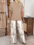Women's Fashionable and Elegant 2pcs Set: Bat Sleeve Round Neck T-Shirt + Printed Stretch Waist Wide-Leg Pants, Essential for Daily Wear, Vacations, and Dates - Khaki