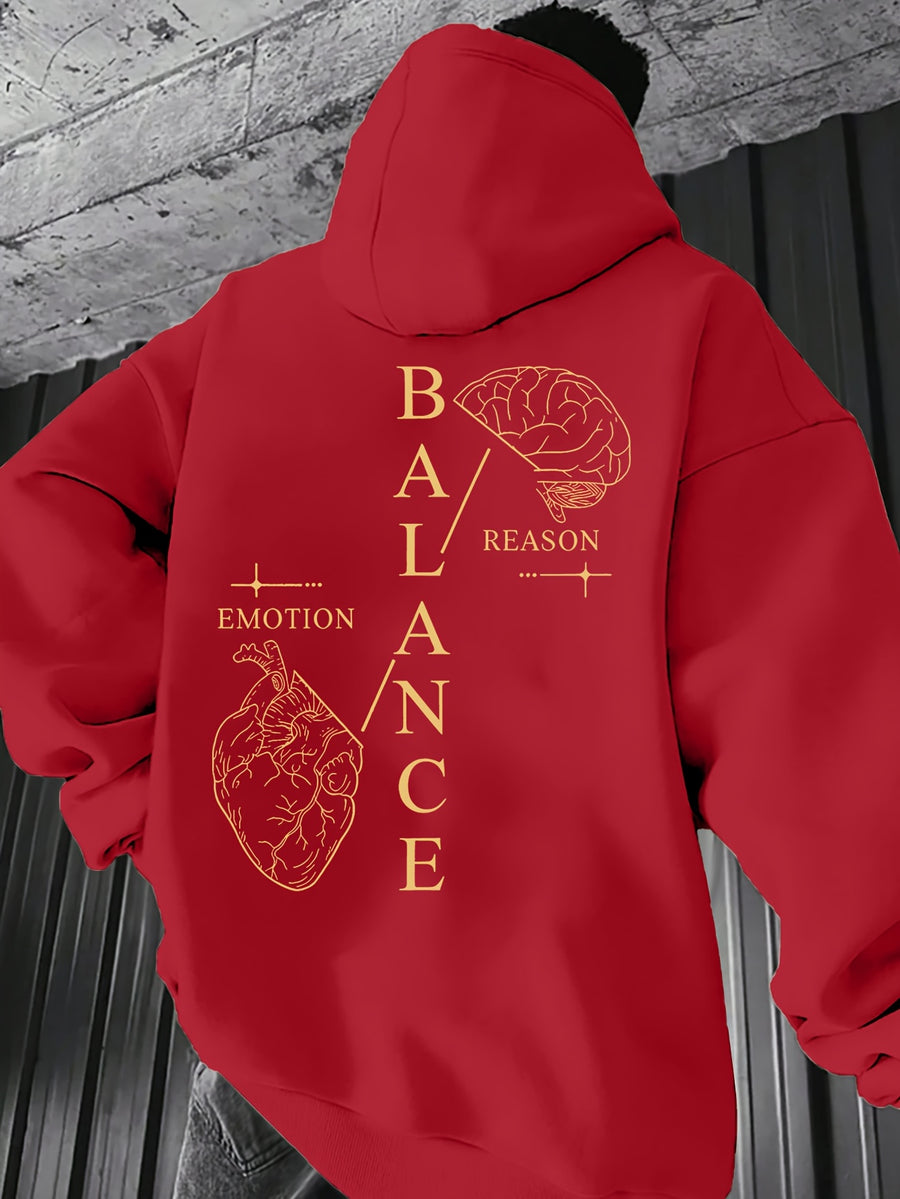 Men'S Autumn Winter Print Hooded Fleece Sweatshirt, Versatile Athletic Casual Loose Hooded Sweater - Red