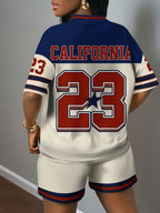 2pcs Women's Vintage Varsity 2pcs Matching Outfit - Breathable Mesh -Neck Short Sleeve Top & Shorts with Number 23 Print, Loose Fit Athletic Wear Suitable for Commuting, Travel, Sister Outfits, Gym, Uniforms - Spring/Summer - Apricot with Khaki