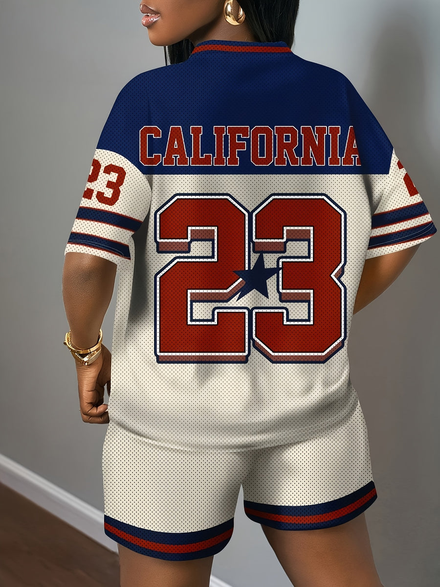 2pcs Women's Vintage Varsity 2pcs Matching Outfit - Breathable Mesh -Neck Short Sleeve Top & Shorts with Number 23 Print, Loose Fit Athletic Wear Suitable for Commuting, Travel, Sister Outfits, Gym, Uniforms - Spring/Summer - Apricot with Khaki