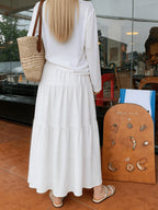 A-Line Umbrella Sweet Spring And Autumn Women'S High-Waisted Long Skirt with Elastic Waistband, Long Skirt with Lining, Beach Party Long Skirt - White