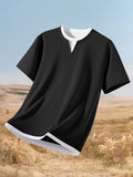 Men's 2-in-1 Look Waffle Short-Sleeve T-Shirt, Fashionable, Versatile, Breathable, Lightweight Summer Top, Casual Daily Wear, Gift for Men - Black