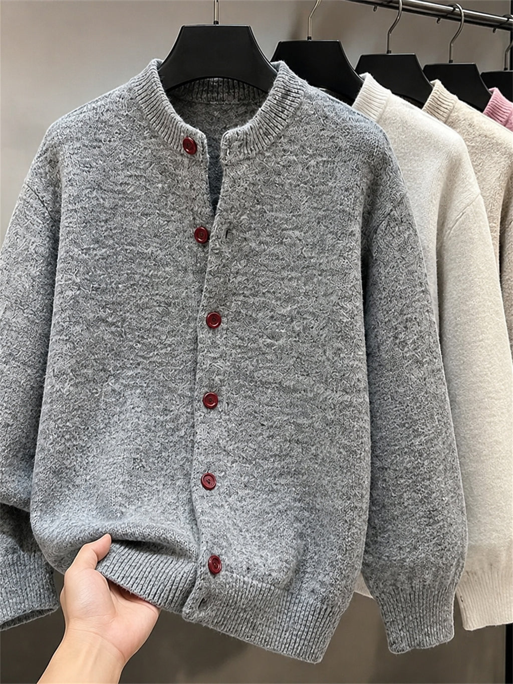 Autumn Winter 3D Solid Round Neck Sweater, Basic Cardigan for Men, Fashionable Long Sleeve Sweater, Love Y - 【Light Grey】