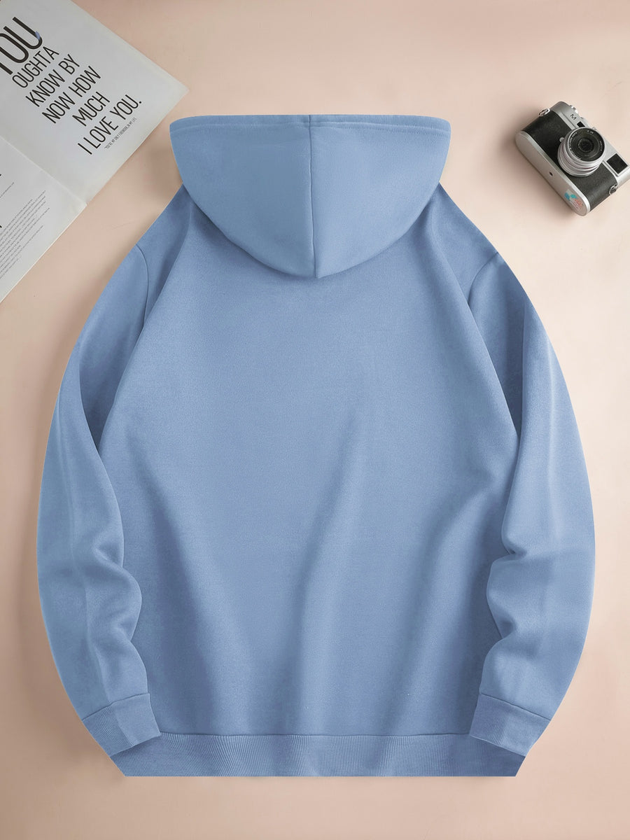Men's Fashionable Hoodie, Loose-fit Casual Top with "X" Letter Print, Long-sleeve Sweatshirt Featuring a Kangaroo Pocket, Made of Casual Polyester Knit Fabric, Machine Washable, Suitable for Outdoor Casual Wear - Light Blue