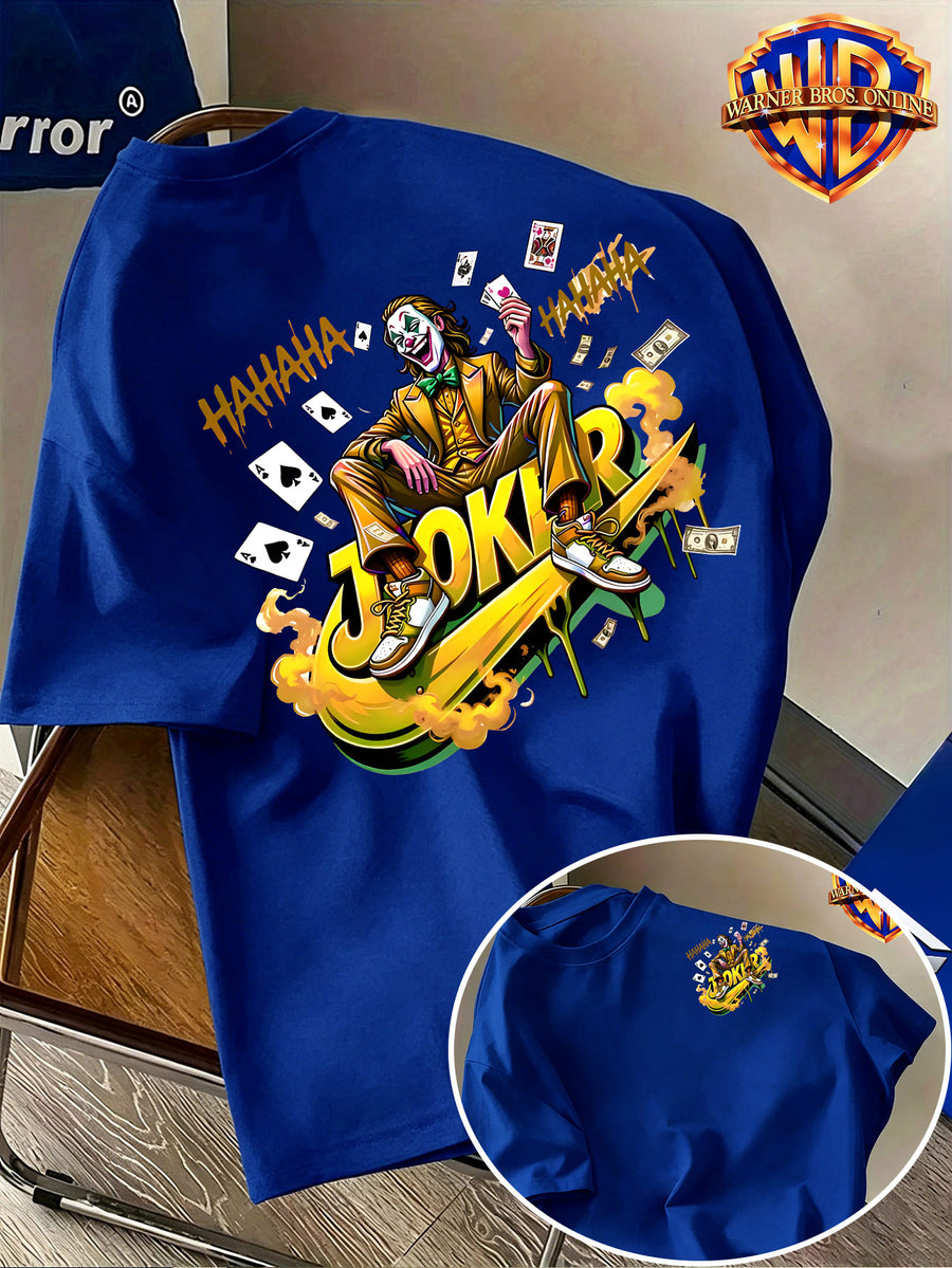 Warner Bros. Official Men's 100% Short-Sleeve T-Shirt, American Cool Vibe with Villain Illustration. Features a Simple Logo on the Chest and a Dynamic Joker Character Depiction on the Back, Incorporating American Streetwear Elements with Bold - Royal Blue