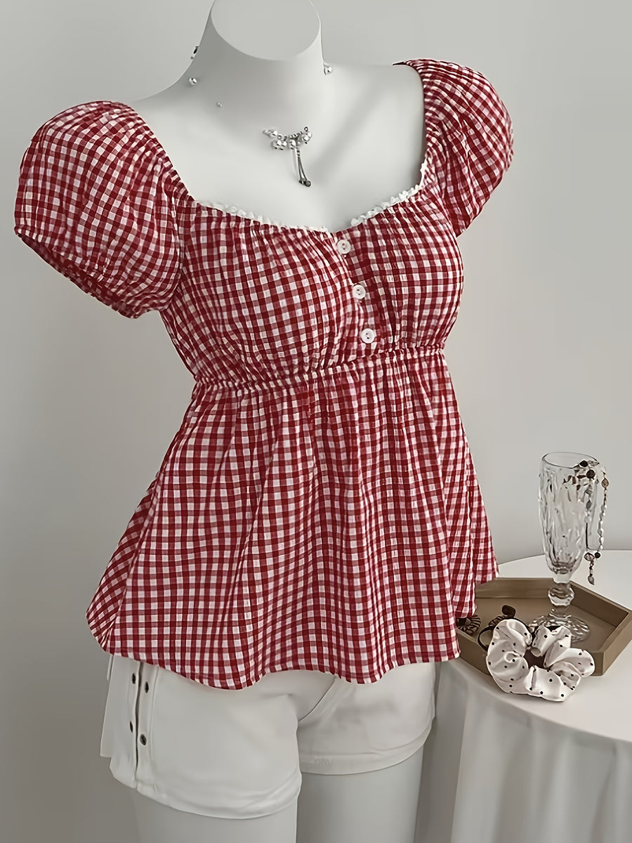 Women'S Red And White Checkered Square Neck Puff Sleeve Short-Sleeved Shirt, Waist- Short Doll Shirt, French Sweet Age-Reducing Plaid Shirt - Red