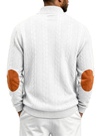 Men'S Casual Long Sleeve Knit Sweater, Textured Cable And Diamond Pattern, Stand Collar with Button Placket, Contrast Elbow Patch Details, Ribbed Cuffs And Hem, Ideal for Fall Winter Work, Travel, Golf And Daily Wear - White