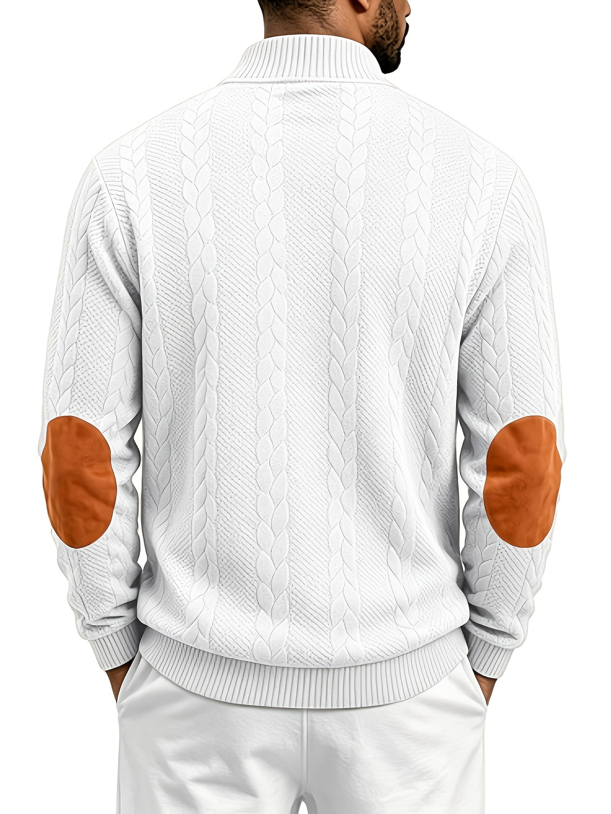 Men'S Casual Long Sleeve Knit Sweater, Textured Cable And Diamond Pattern, Stand Collar with Button Placket, Contrast Elbow Patch Details, Ribbed Cuffs And Hem, Ideal for Fall Winter Work, Travel, Golf And Daily Wear - White