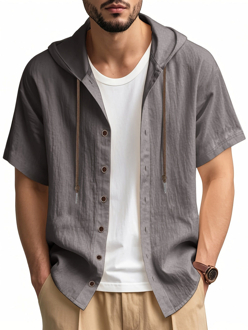 Men's 2pcs Short-Sleeve Hoodie Shirt, Regular Fit, Lightweight Open Cardigan, Vacation Casual Top - Black+light Gray