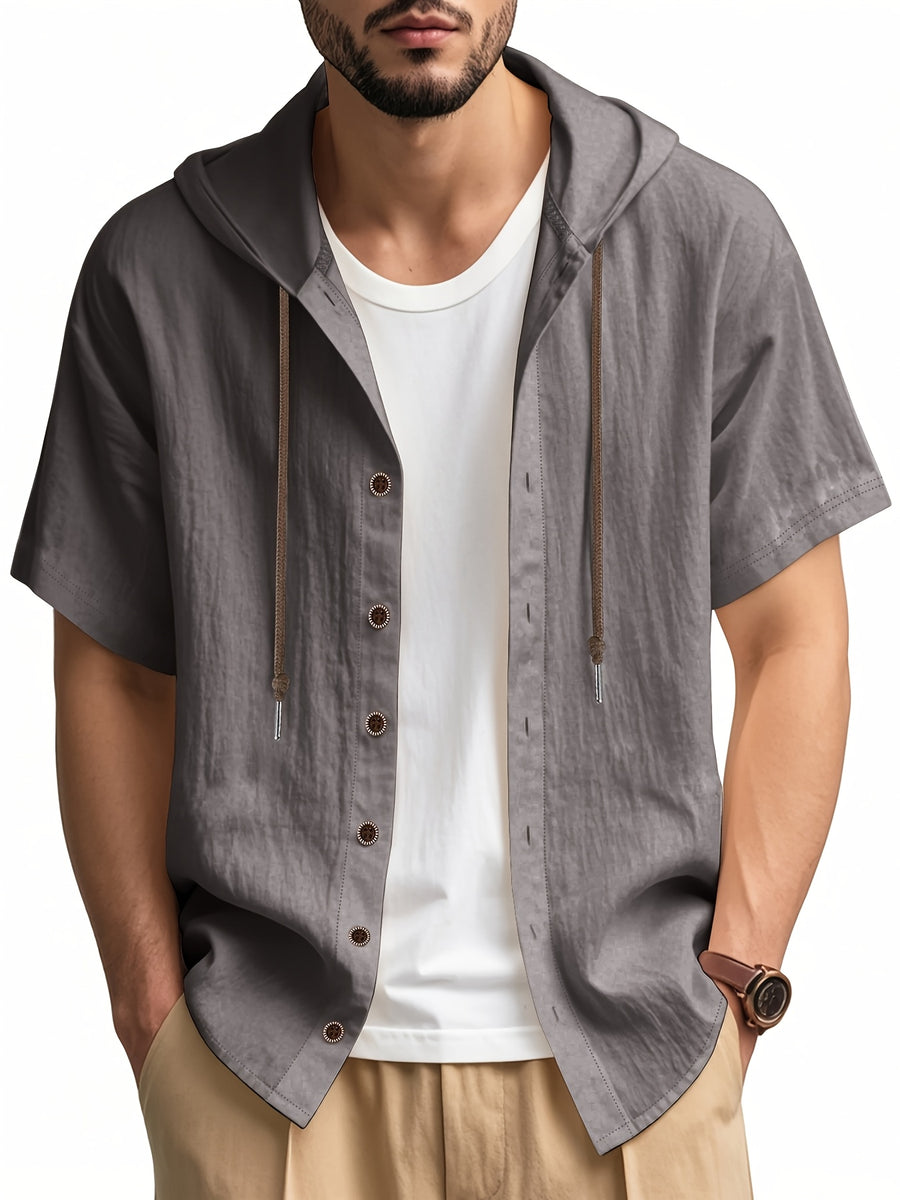 Men's 2pcs Short-Sleeve Hoodie Shirt, Regular Fit, Lightweight Open Cardigan, Vacation Casual Top - Black+light Gray
