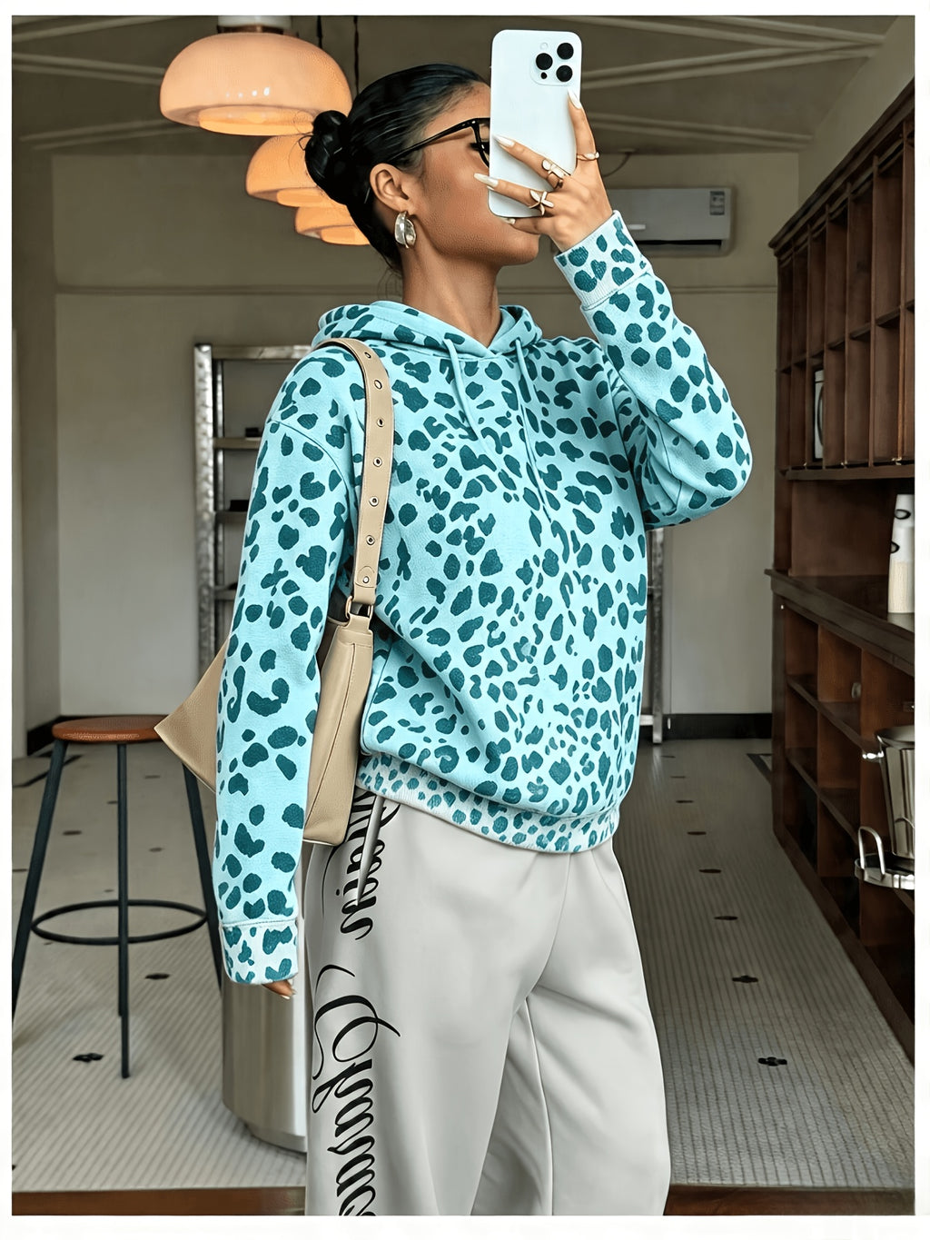 Women's Fashion Leopard Print Hoodie Sweatshirt - Cyan