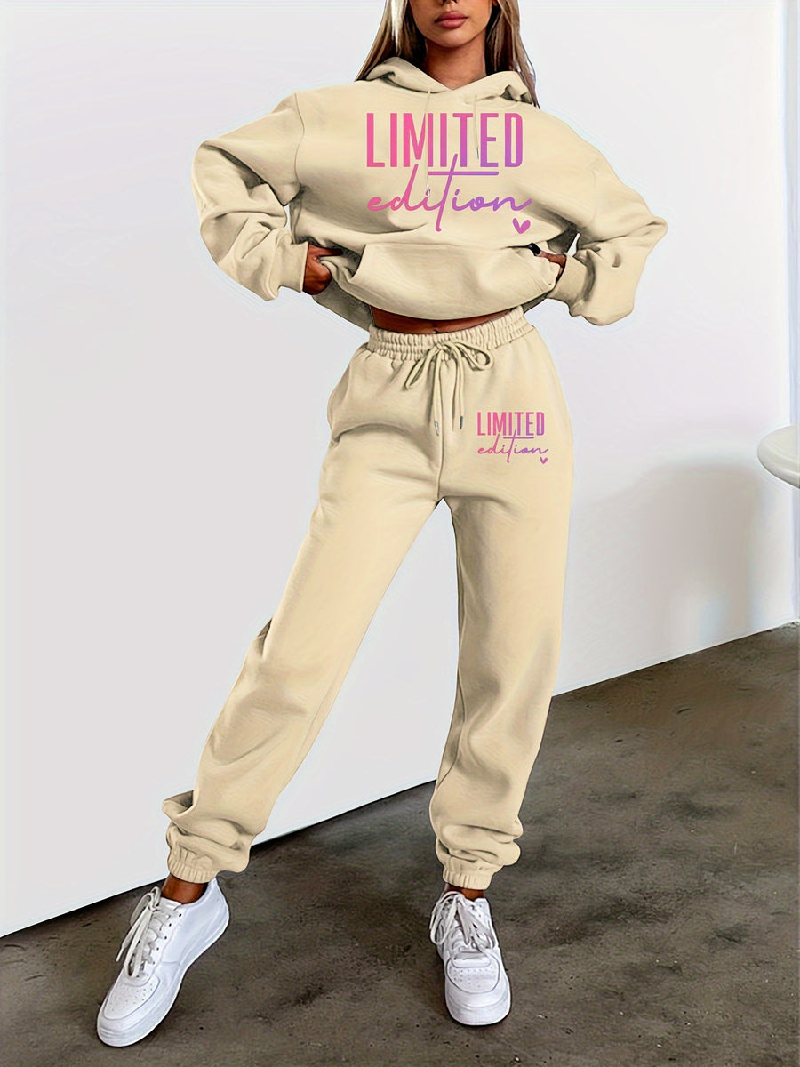 Women'S Casual Trendy Fashion Hoodie And Pants Set - Apricot