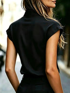 2026 Summer Women's Elegant and Fashionable Solid Color V-Neck Short Sleeve Commuter Shirt Top - Black