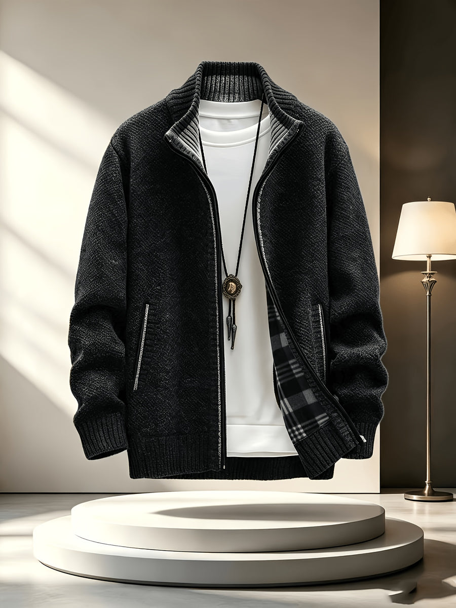 Men'S Stand Collar Zip-Up Knitted Cardigan for Fall Winter, Solid Color Long Sleeve Fleece Lined Casual Sweater Coat, Slim Fit And Versatile for Daily Wear - Black