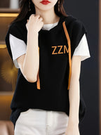 New Hooded Vest Sleeveless Design Letter Fashion Loose Versatile Sweater Coat - Black