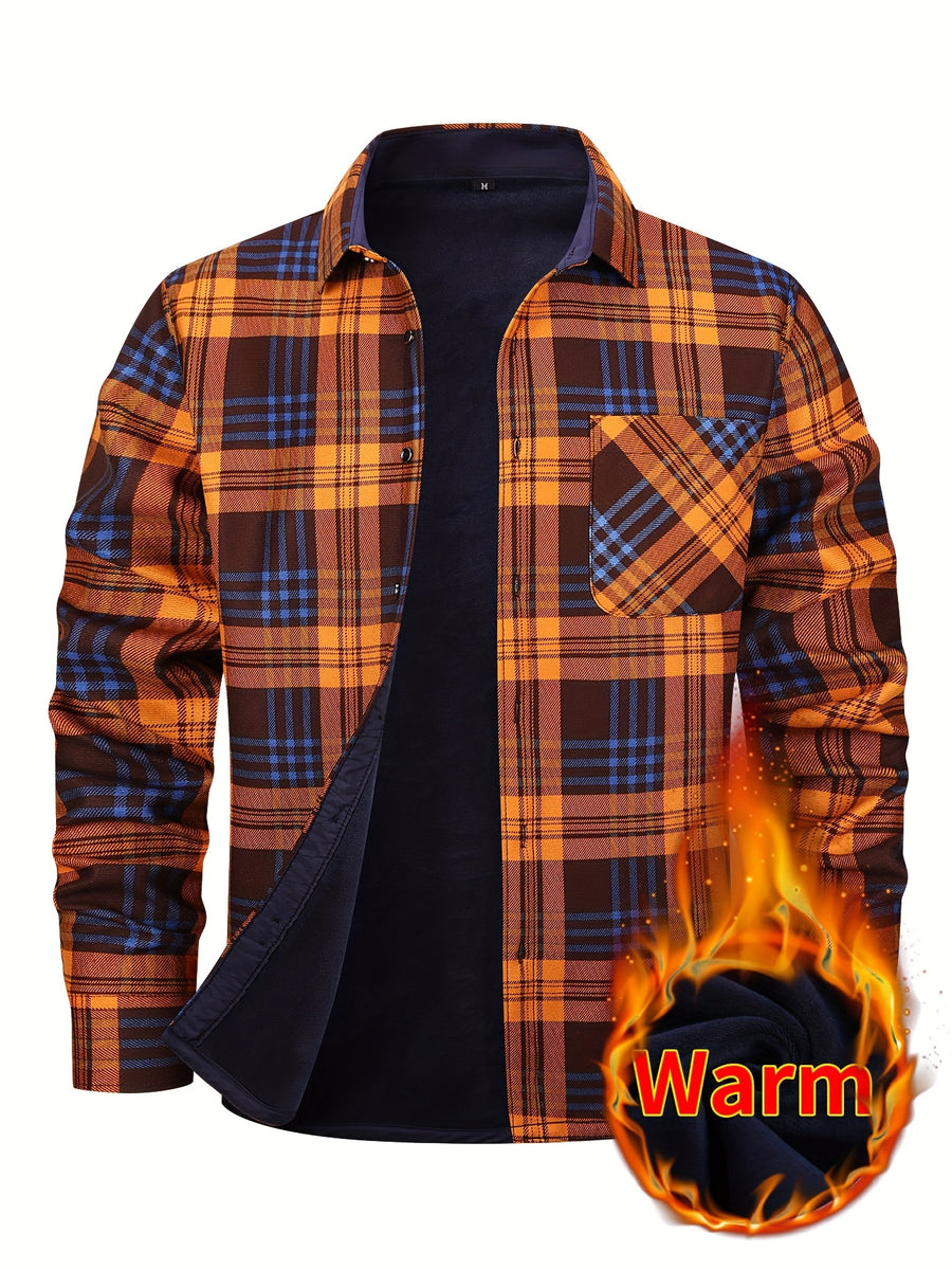 2026 Men's Plaid Shirt - Color Block Design, Brushed Lining, Warm Winter Flannel (Casual & Outdoor) Color Block Lining, Cold Weather Flannel for Outdoor Bold Color Block, Brushed Interior, Urban Style - orange yellow