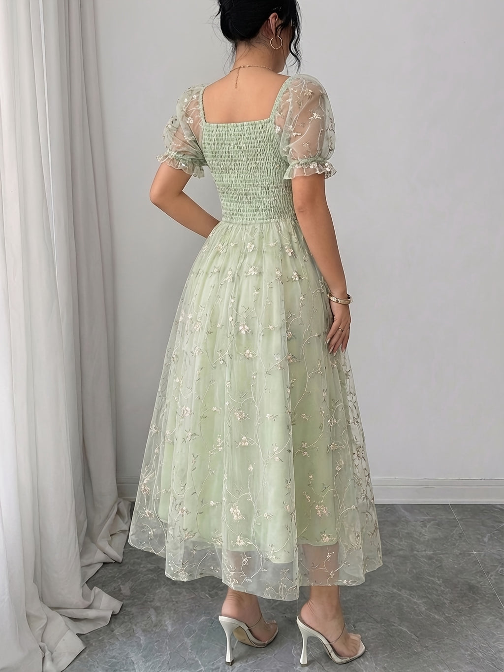Women's French-Style -Line Dress with Square Neck & Mesh - Elegant Suitable for Weddings, Parties, - Machine Washable Non- Dress for Year-Round Wear, Fashion - Light Green